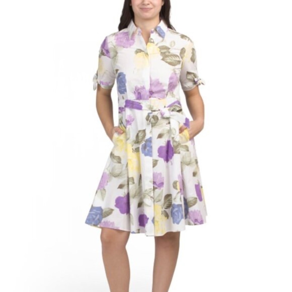 Calvin Klein Floral Tiered Shirt Dress Belted Garden Party White Purple Size 12